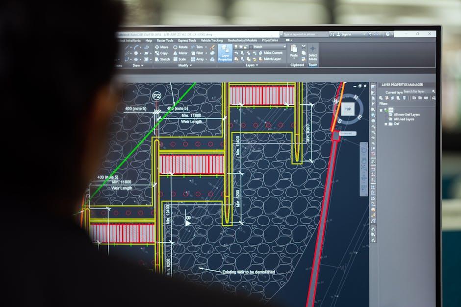 Engineer at a workstation using CAD software to design piping and flow infrastructure