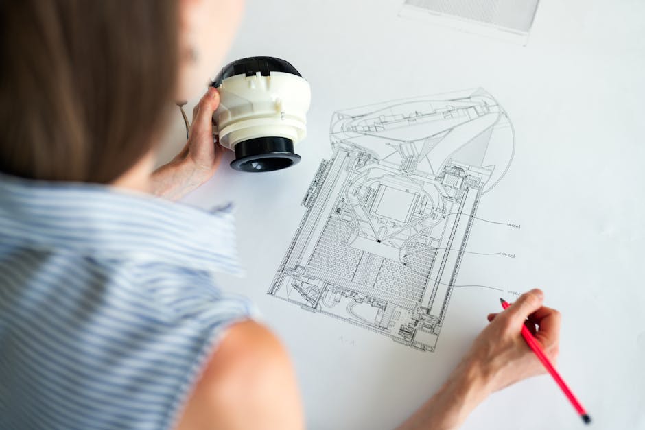 Engineer with technical drawings on desk